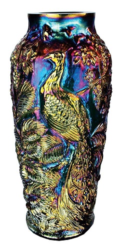 041959E - 14-1/2'' Peacock and Ferns Vase in Emerald Green Carnival
