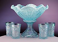042709N - 12'' dia. Hobstar Aquamarine Opalescent Iridized Punch Bowl