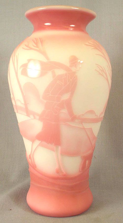 2955HL -\'Windy Walk\' on \"Rosalene Art Glass\", Sandcarved Vase (click on picture for full details)