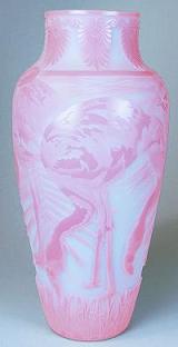 4345CJH - "Fabulous Flamingos" Vase in "Blue Burmese Art Glass" (click on picture for full details)
