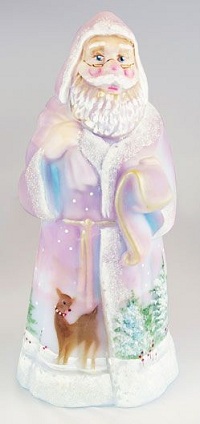 05299HM - "Santa" with Scroll, figurine, "Blue Burmese" Art Glass<br><b>design by Kim Barley<br>(click on picture for full de