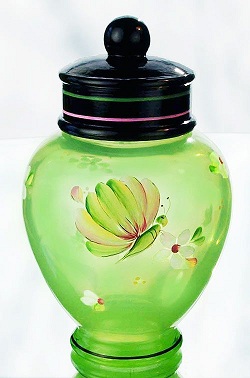 07707PB Temple Jar in "Key Lime Opalescent" with "Black" Art Glass Lid<br>(Click on picture for full details)