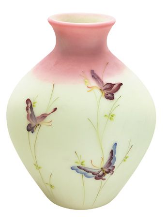 8808KE -'Butterflies' on "Lotus Mist Burmese" Art Glass,  Vase (Click on picture for full description)