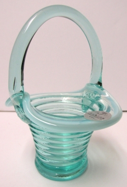 04502T1 "Rings" Fenton Miniature Basket<br> Robin's Egg Blue with Opalescent Art Glass<br>(Click on picture for full details)